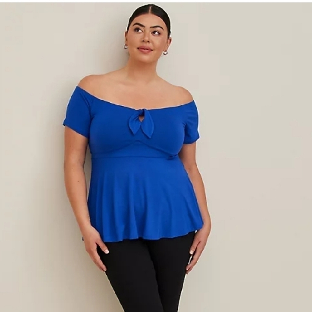 Torrid Babydoll Super Soft Tie-Front  Off-Shoulder Top Blue - Size 2